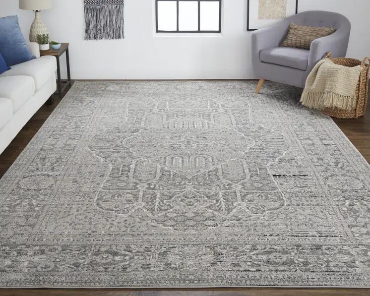 8' X 11' Gray Silver And Taupe Floral Power Loom Distressed Area Rug