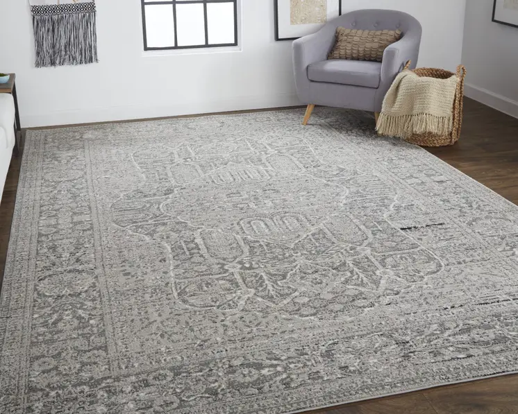 8' X 11' Gray Silver And Taupe Floral Power Loom Distressed Area Rug