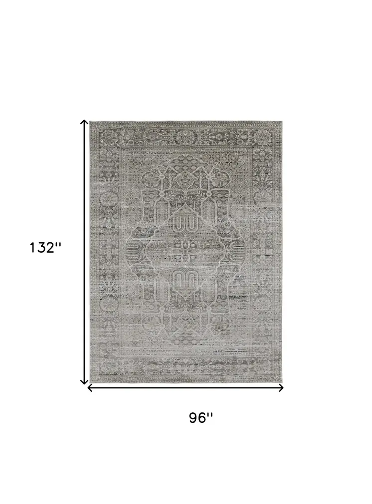 8' X 11' Gray Silver And Taupe Floral Power Loom Distressed Area Rug
