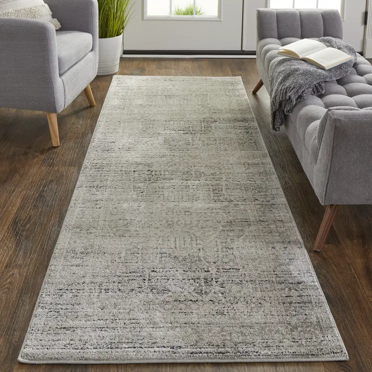 8' Gray and Ivory Floral Power Loom Distressed Non Skid Runner Rug