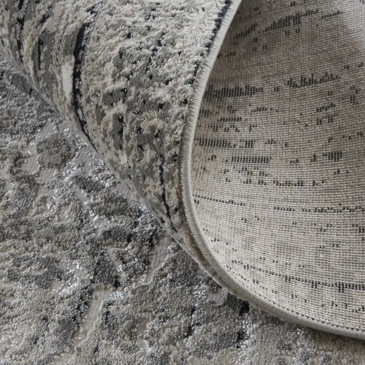 8' Gray and Ivory Floral Power Loom Distressed Non Skid Runner Rug