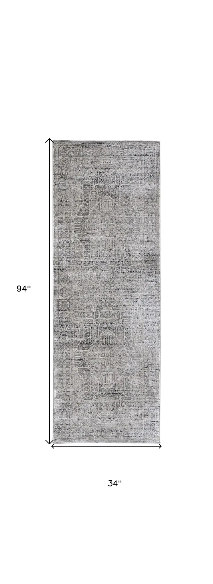 8' Gray and Ivory Floral Power Loom Distressed Non Skid Runner Rug