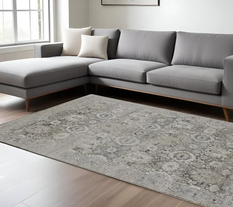 12' X 15' Gray Silver And Black Abstract Distressed Area Rug