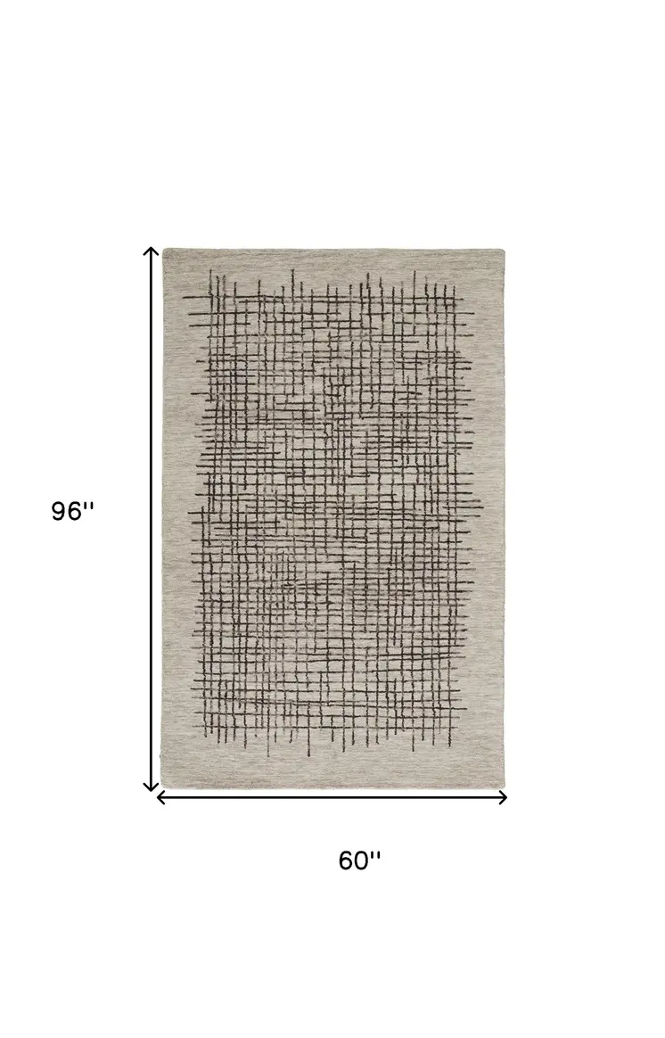 5' X 8' Tan And Brown Wool Plaid Tufted Handmade Stain Resistant Area Rug