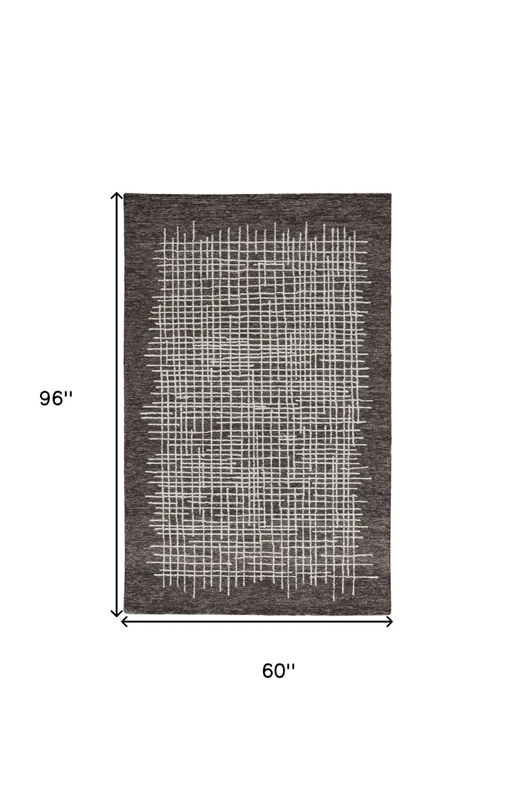 5' X 8' Brown And Ivory Wool Plaid Tufted Handmade Stain Resistant Area Rug