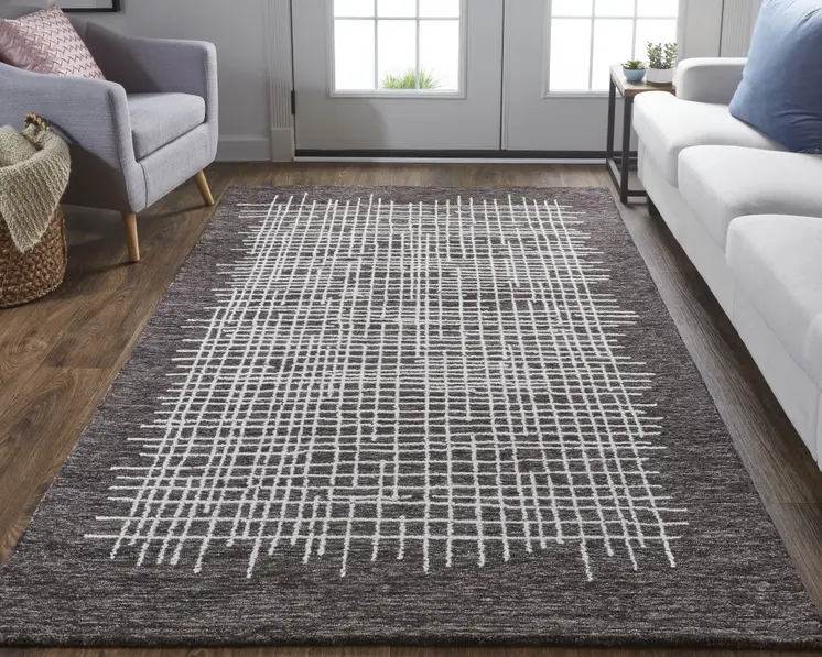 5' X 8' Brown And Ivory Wool Plaid Tufted Handmade Stain Resistant Area Rug