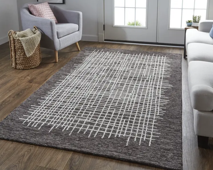 5' X 8' Brown And Ivory Wool Plaid Tufted Handmade Stain Resistant Area Rug