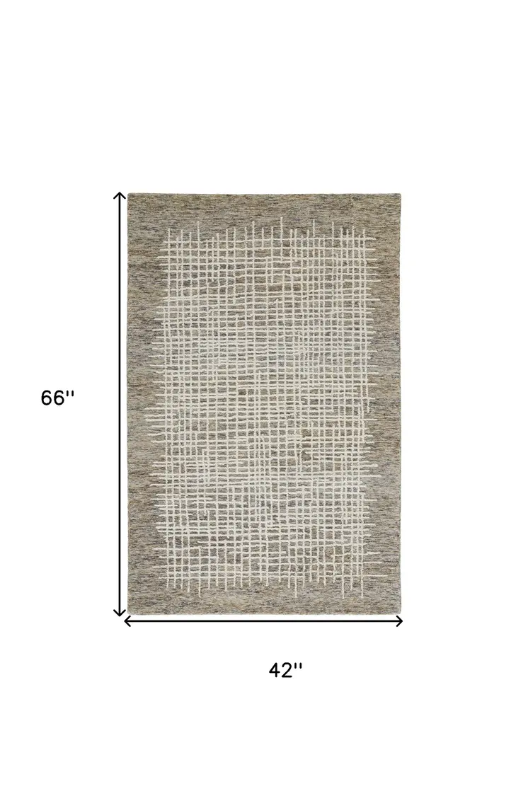 4' X 6' Tan And Ivory Wool Plaid Tufted Handmade Stain Resistant Area Rug