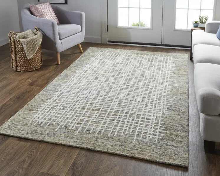 4' X 6' Tan And Ivory Wool Plaid Tufted Handmade Stain Resistant Area Rug