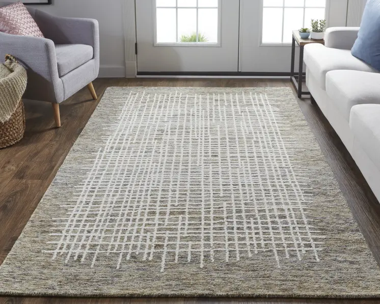 4' X 6' Tan And Ivory Wool Plaid Tufted Handmade Stain Resistant Area Rug