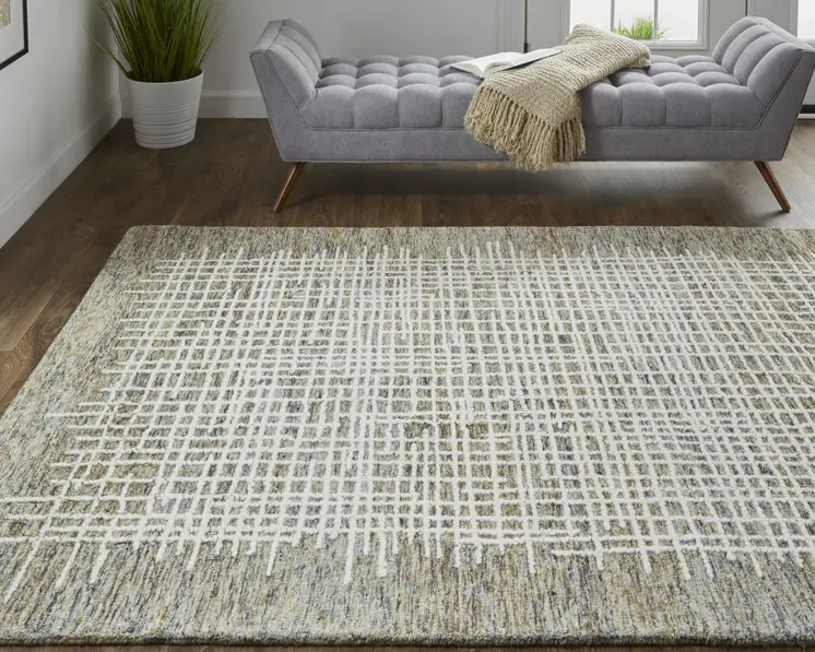 4' X 6' Tan And Ivory Wool Plaid Tufted Handmade Stain Resistant Area Rug