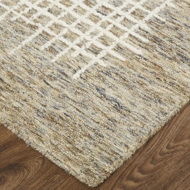 4' X 6' Tan And Ivory Wool Plaid Tufted Handmade Stain Resistant Area Rug