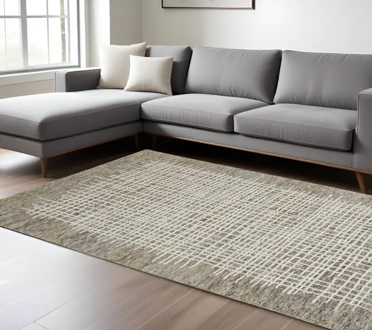 8' X 10' Tan and Ivory Wool Plaid Hand Tufted Area Rug