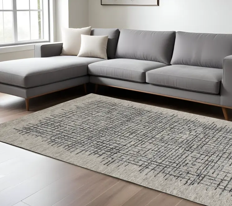 8' X 10' Gray and Black Wool Plaid Hand Tufted Area Rug