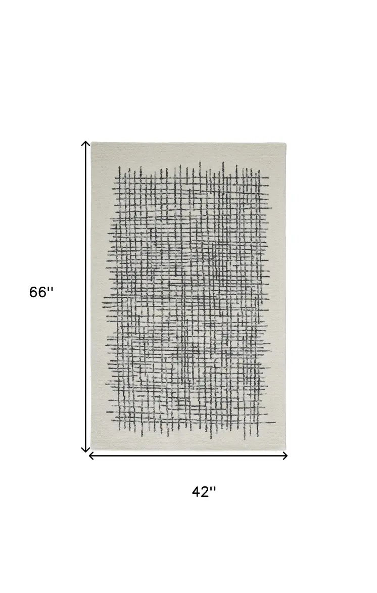 4' X 6' Ivory Gray And Black Wool Plaid Tufted Handmade Stain Resistant Area Rug