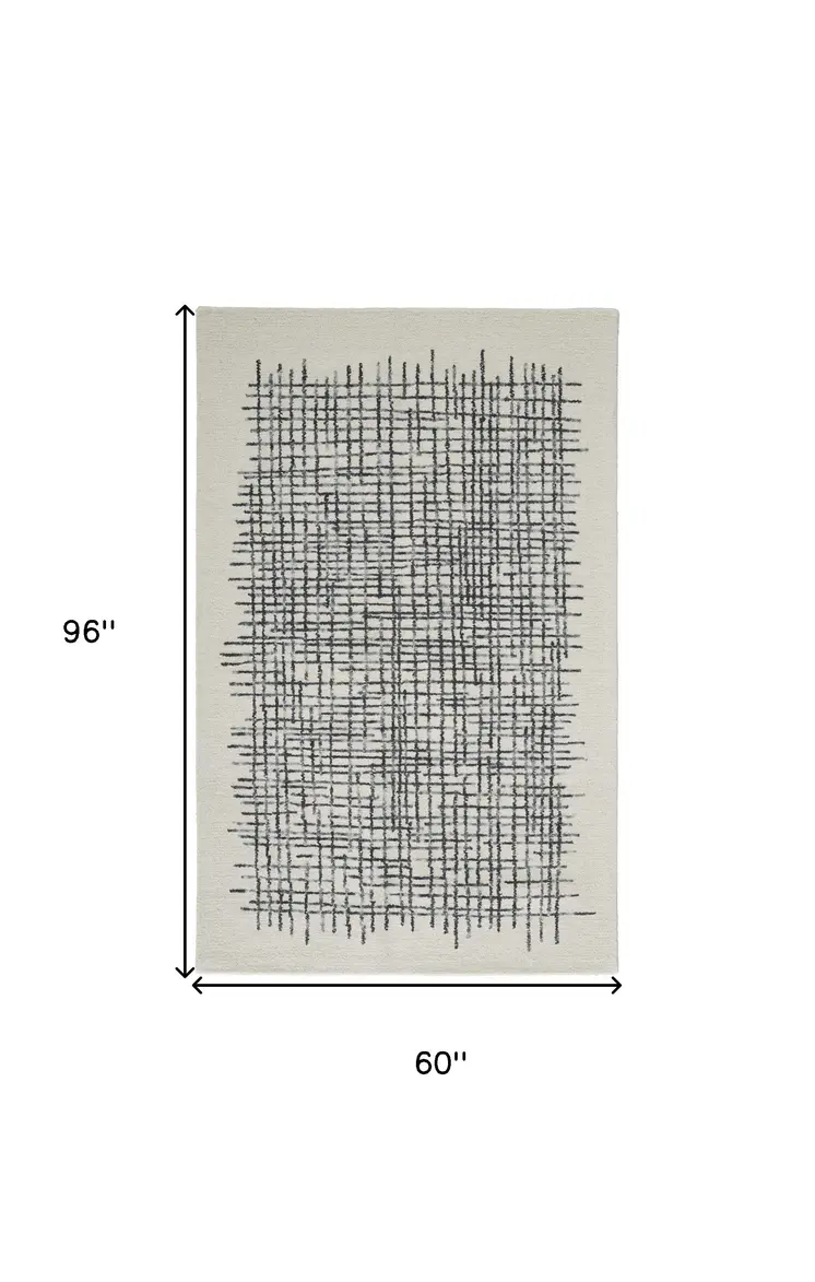 5' X 8' Ivory Gray And Black Wool Plaid Tufted Handmade Stain Resistant Area Rug