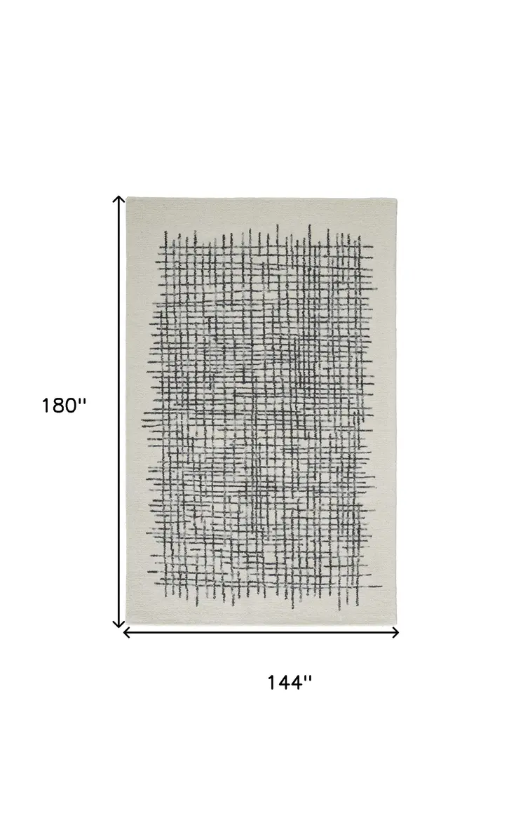 12' X 15' Ivory Gray And Black Wool Plaid Tufted Handmade Area Rug