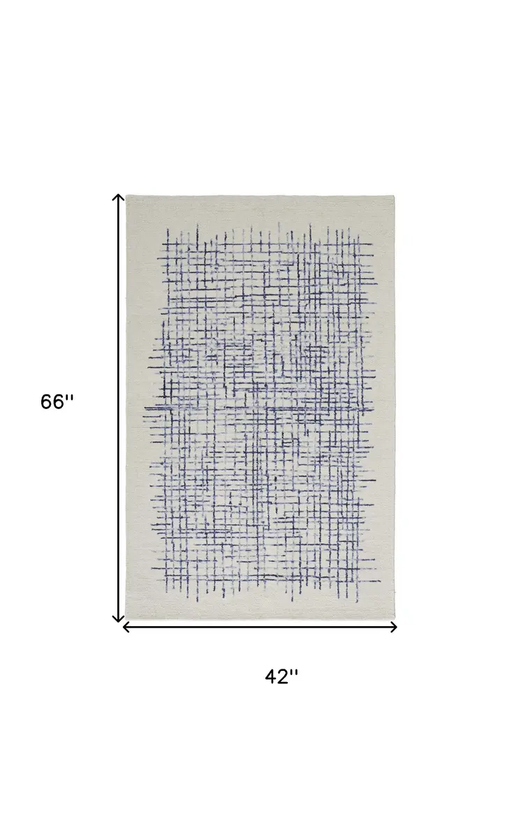 4' X 6' Ivory and Blue Wool Crosshatch Hand Tufted Area Rug