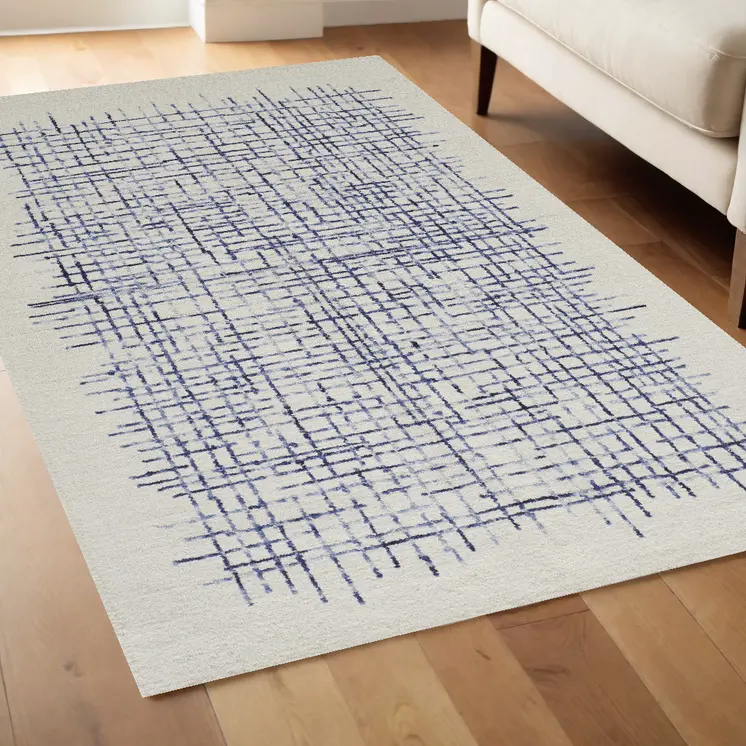 4' X 6' Ivory and Blue Wool Crosshatch Hand Tufted Area Rug