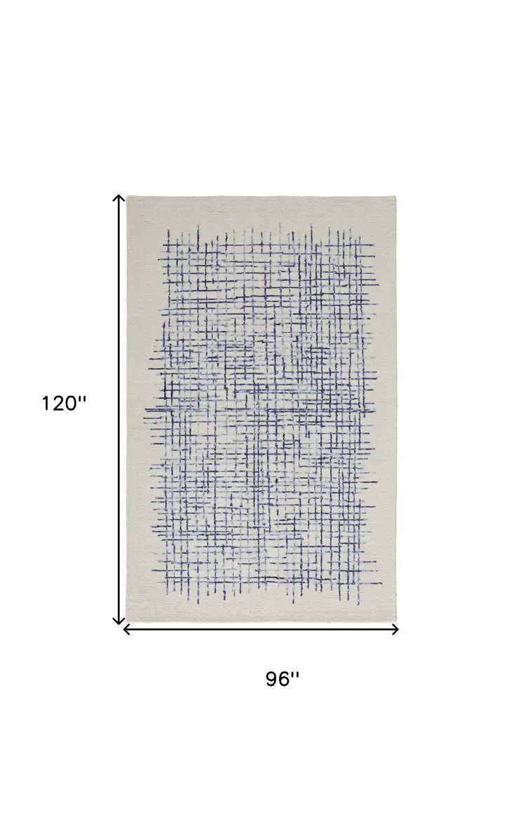 8' X 10' Ivory and Blue Wool Plaid Hand Tufted Area Rug