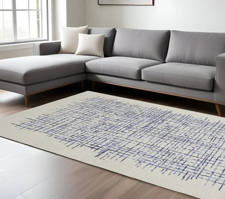 8' X 10' Ivory and Blue Wool Plaid Hand Tufted Area Rug