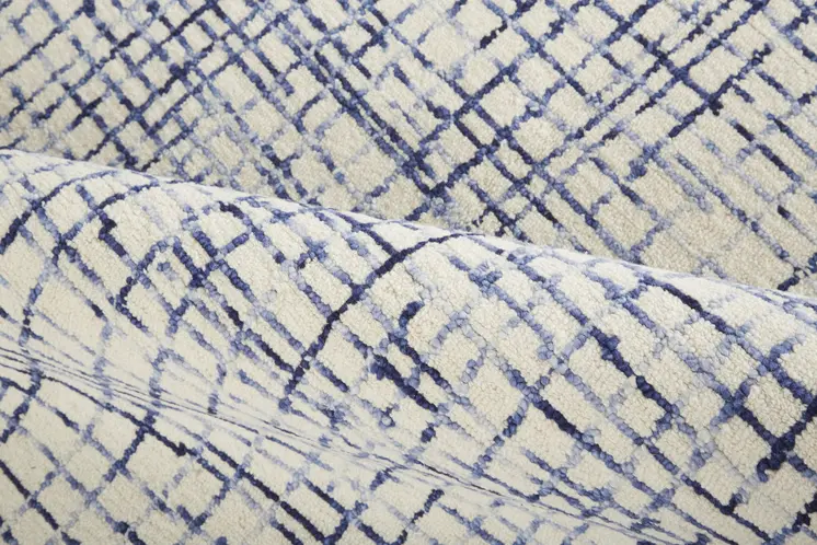 8' X 10' Ivory and Blue Wool Plaid Hand Tufted Area Rug