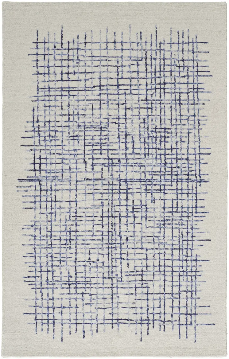 9' X 12' Ivory And Blue Wool Plaid Tufted Handmade Stain Resistant Area Rug