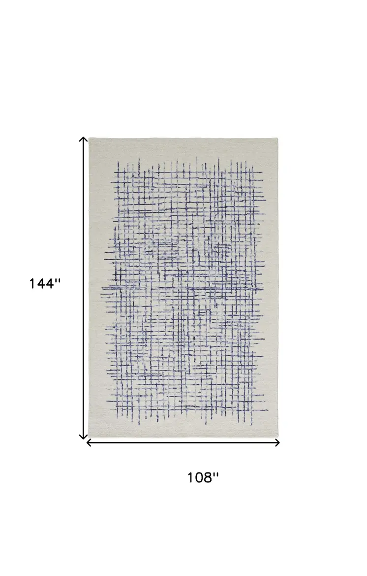 9' X 12' Ivory And Blue Wool Plaid Tufted Handmade Stain Resistant Area Rug