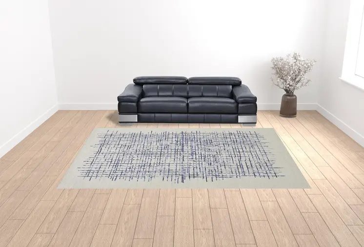 10' X 14' Ivory And Blue Wool Plaid Tufted Handmade Stain Resistant Area Rug