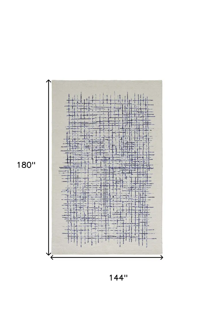 12' X 15' Ivory And Blue Wool Plaid Tufted Handmade Area Rug