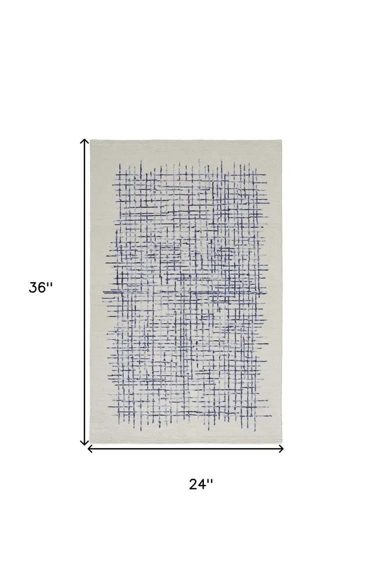 2' X 3' Ivory And Blue Wool Plaid Tufted Handmade Stain Resistant Area Rug