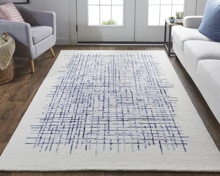 2' X 3' Ivory And Blue Wool Plaid Tufted Handmade Stain Resistant Area Rug