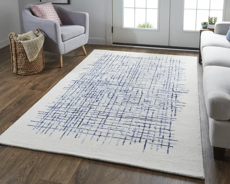 2' X 3' Ivory And Blue Wool Plaid Tufted Handmade Stain Resistant Area Rug