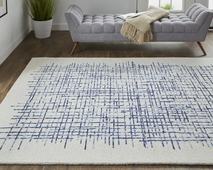 2' X 3' Ivory And Blue Wool Plaid Tufted Handmade Stain Resistant Area Rug