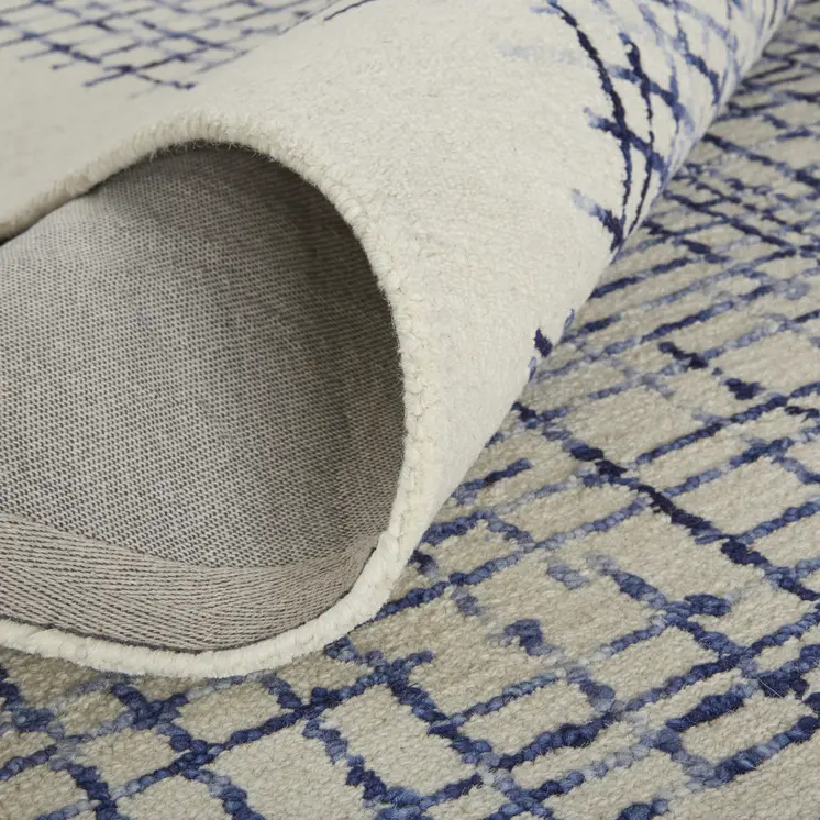 2' X 3' Ivory And Blue Wool Plaid Tufted Handmade Stain Resistant Area Rug
