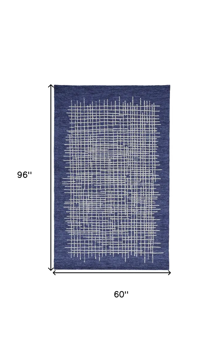5' X 8' Blue And Ivory Wool Plaid Tufted Handmade Stain Resistant Area Rug