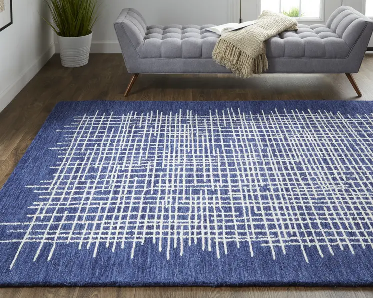 5' X 8' Blue And Ivory Wool Plaid Tufted Handmade Stain Resistant Area Rug