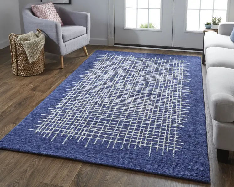 12' X 15' Blue And Ivory Wool Plaid Tufted Handmade Area Rug