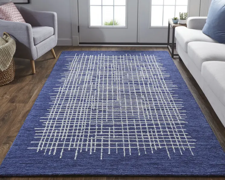 12' X 15' Blue And Ivory Wool Plaid Tufted Handmade Area Rug