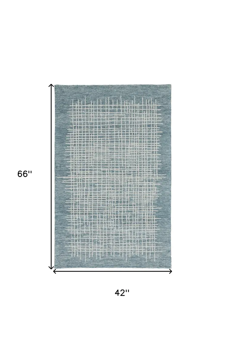 4' X 6' Blue And Ivory Wool Plaid Tufted Handmade Stain Resistant Area Rug