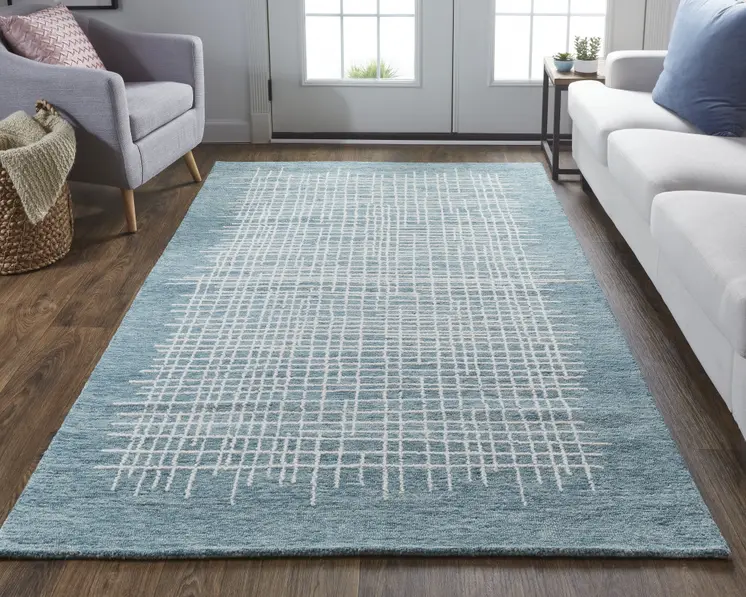 4' X 6' Blue And Ivory Wool Plaid Tufted Handmade Stain Resistant Area Rug