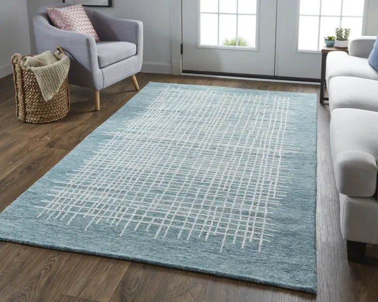 4' X 6' Blue And Ivory Wool Plaid Tufted Handmade Stain Resistant Area Rug
