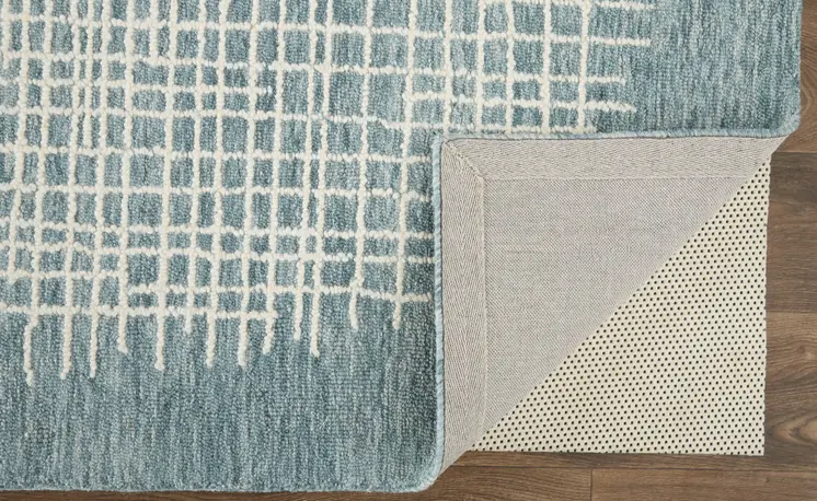 5' X 8' Blue And Ivory Wool Plaid Tufted Handmade Stain Resistant Area Rug