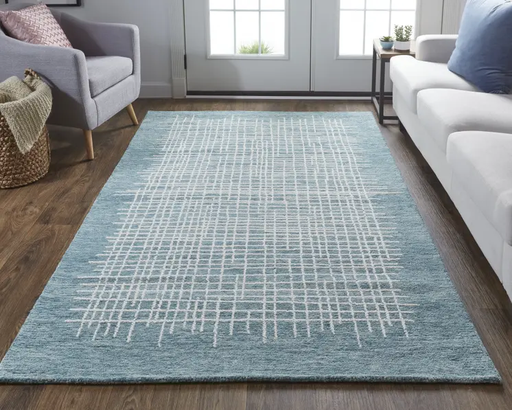 8' X 10' Blue And Ivory Wool Plaid Tufted Handmade Stain Resistant Area Rug