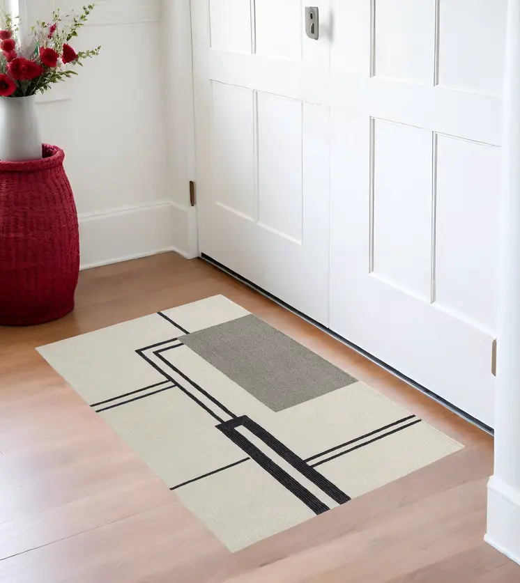 2' X 3' Gray and Ivory Wool Abstract Geometric Hand Tufted Area Rug