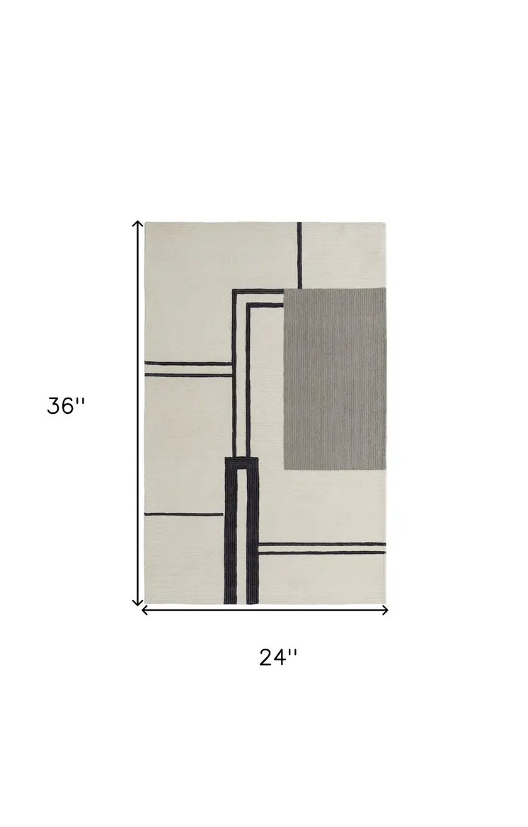 2' X 3' Gray and Ivory Wool Abstract Geometric Hand Tufted Area Rug