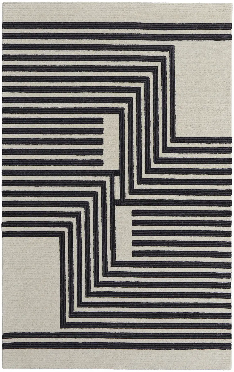 5' X 8' Black and Ivory Abstract Geometric Hand Tufted Area Rug