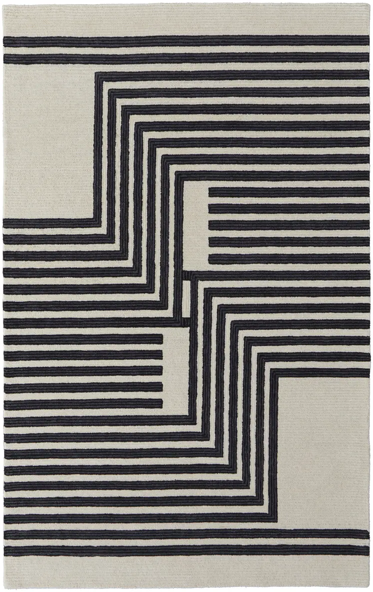 2' X 3' Black and Ivory Abstract Geometric Hand Tufted Area Rug
