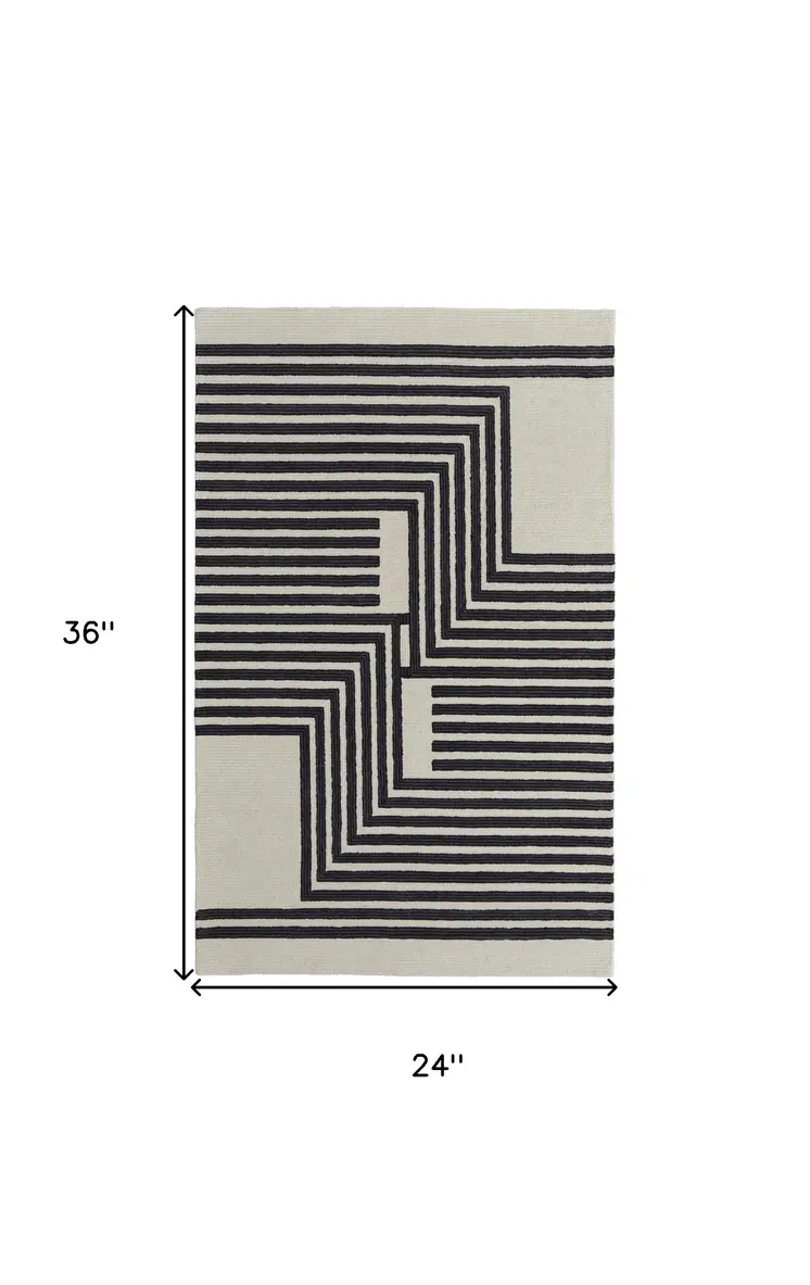 2' X 3' Black and Ivory Abstract Geometric Hand Tufted Area Rug