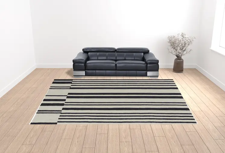 12' X 15' Ivory And Black Wool Abstract Tufted Handmade Area Rug